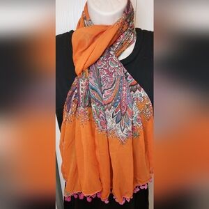 Crinkle Sheer Shawl Scarf Wrap Orange Floral Multicolor Pom Pom's Accessory Boho